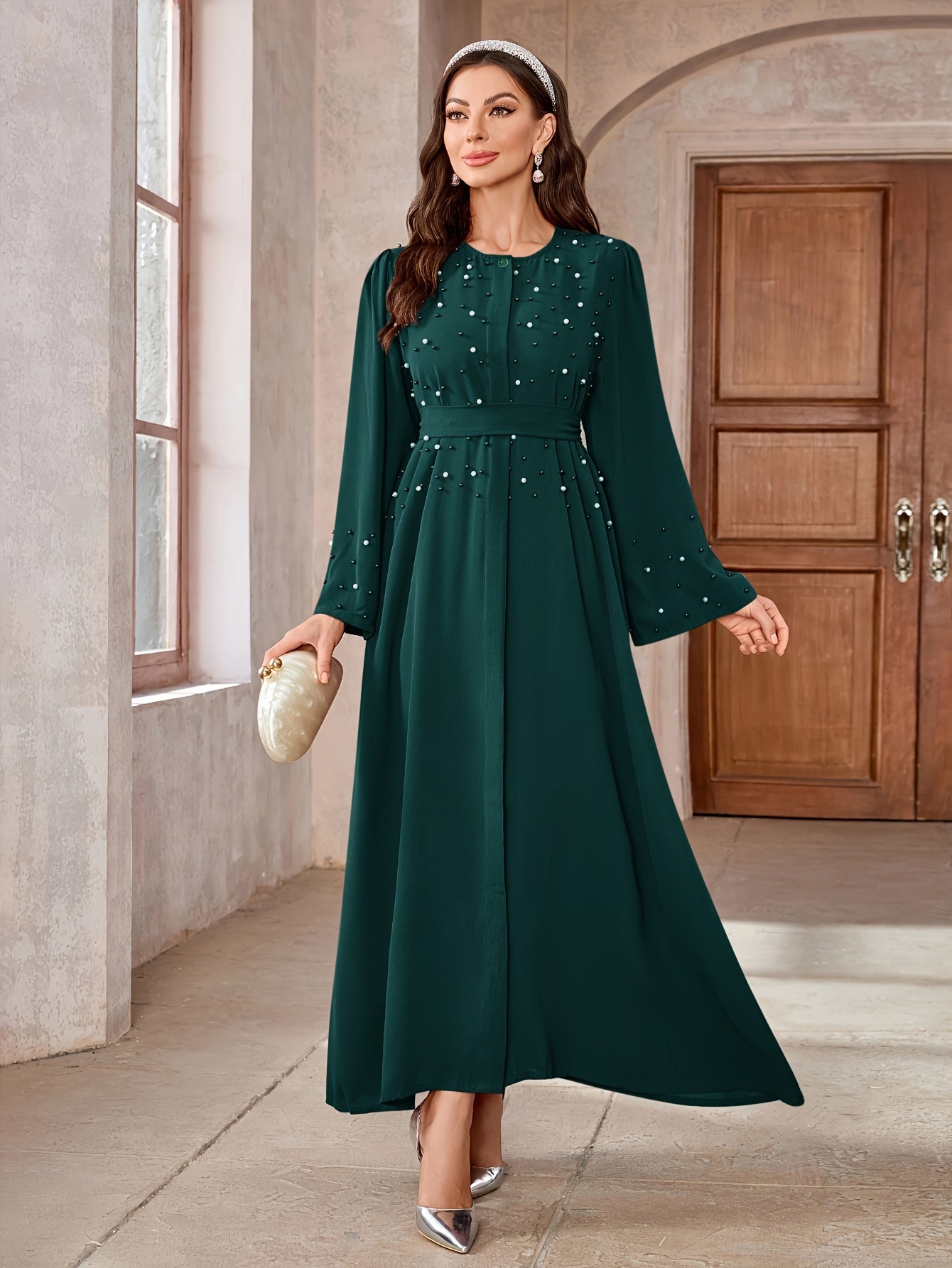 Elegant Navy Blue Abaya with Pearl Embellishments and Belt - Long Sleeve, Floor-Length Dress for Women, Perfect for Formal Occasions, Formal Attire|Elegant Abaya|Pearl Embellishments