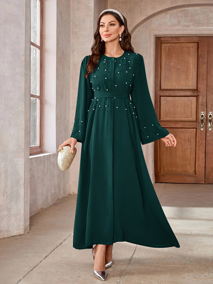 Elegant Navy Blue Abaya with Pearl Embellishments and Belt - Long Sleeve, Floor-Length Dress for Women, Perfect for Formal Occasions, Formal Attire|Elegant Abaya|Pearl Embellishments