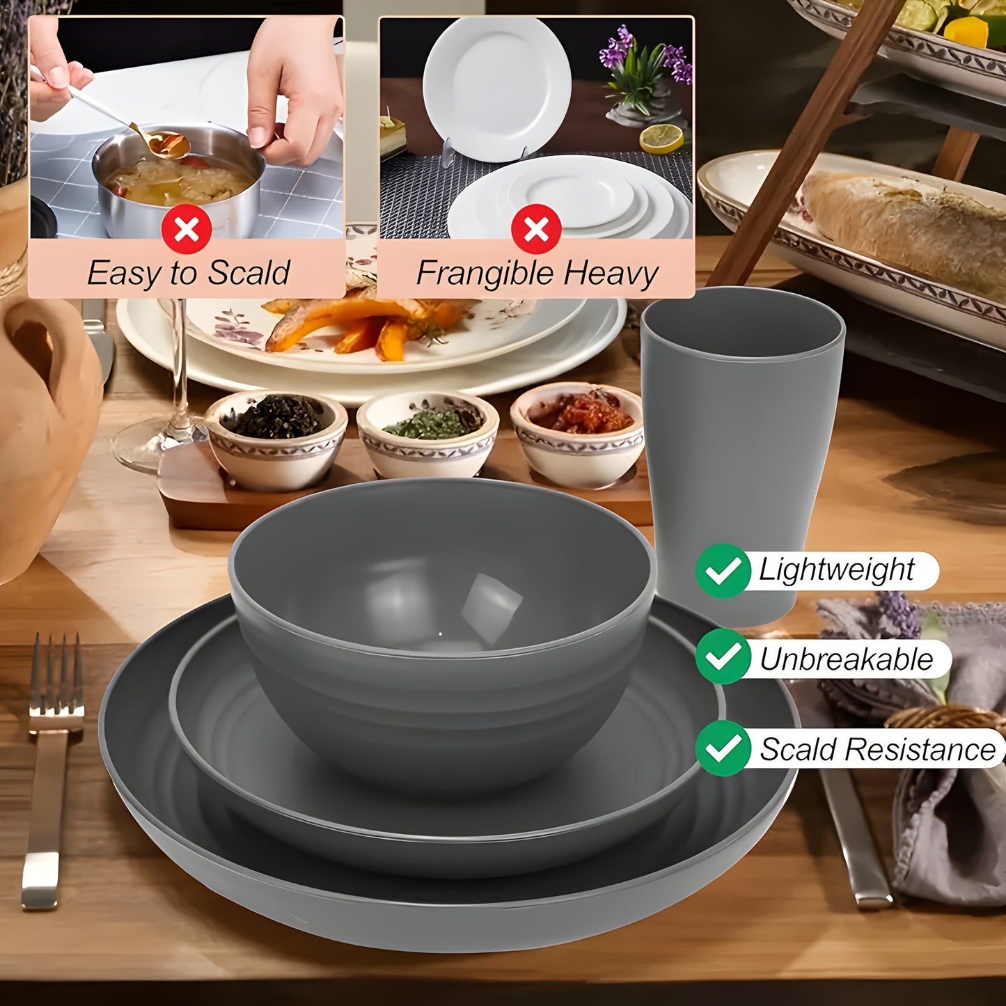 8/16pcs Grey Unbreakable High quality plastic Dinnerware Sets - Reusable, Lightweight, Microwave & Dishwasher Safe - 8pcs Plates, 4pcs Cups, 4pcs Bowls - for Camping, Picnics, RV, Dorm - Perfect Gift for Students & Outdoor En