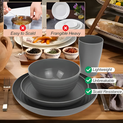 8/16pcs Grey Unbreakable High quality plastic Dinnerware Sets - Reusable, Lightweight, Microwave & Dishwasher Safe - 8pcs Plates, 4pcs Cups, 4pcs Bowls - for Camping, Picnics, RV, Dorm - Perfect Gift for Students & Outdoor En