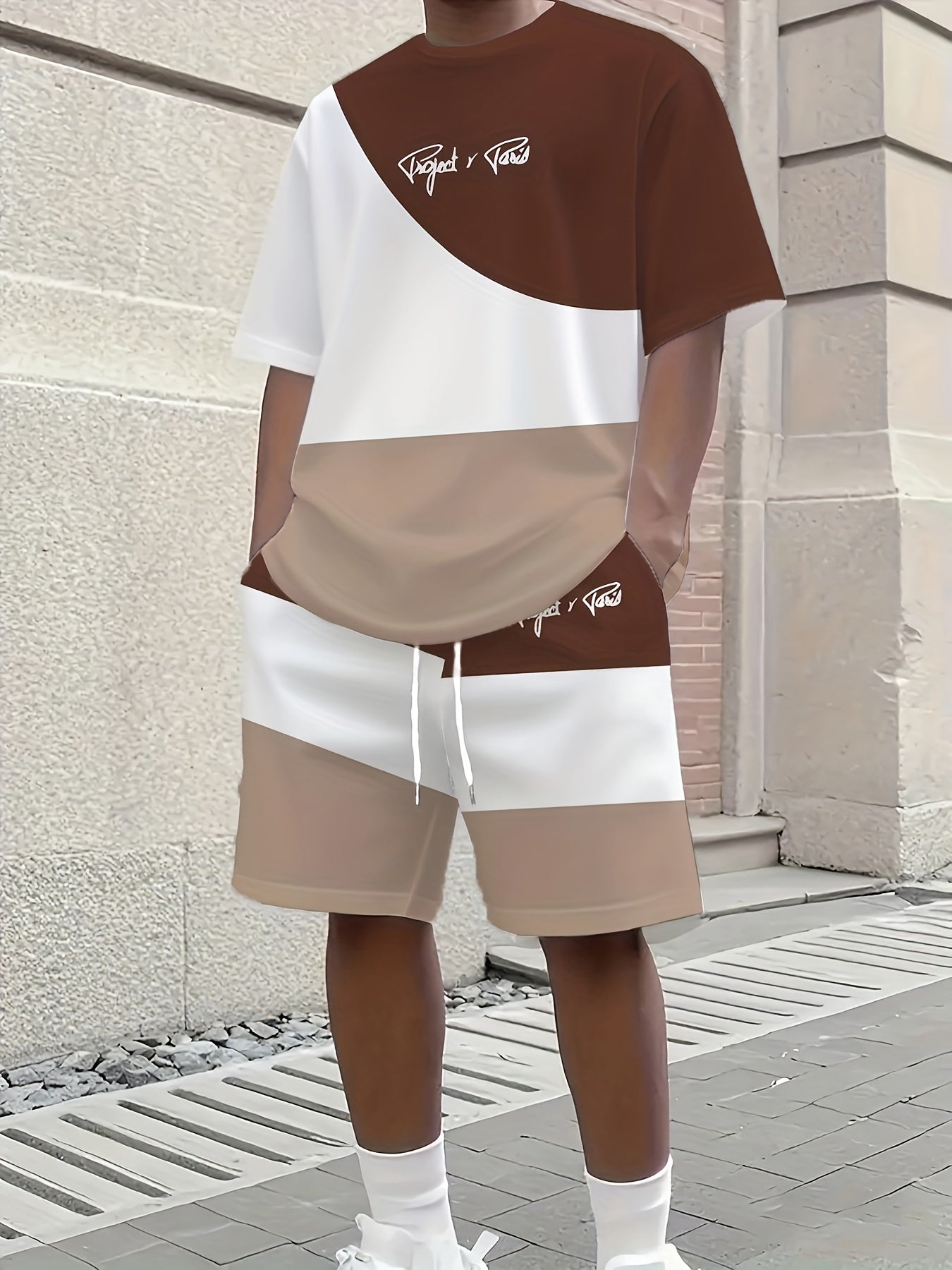 1 set of 2pcs 3D letter print stylish three-color Men's summer fresh T-shirt and shorts set, made from stretchy polyester knit fabric, regular fit, suitable for outdoor activities and family gatherings