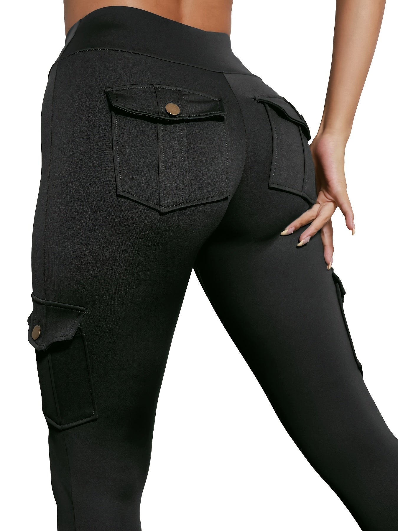 2pcs Women'S Cargo Leggings with Side Pockets - Olive Green & Black, Elastic Waistband, Mid-Rise, Stretchy Polyester Blend, Perfect for Outdoor & Casual Wear, Spring/Summer Collection, Versatile Clothing | Side Pocket Legging