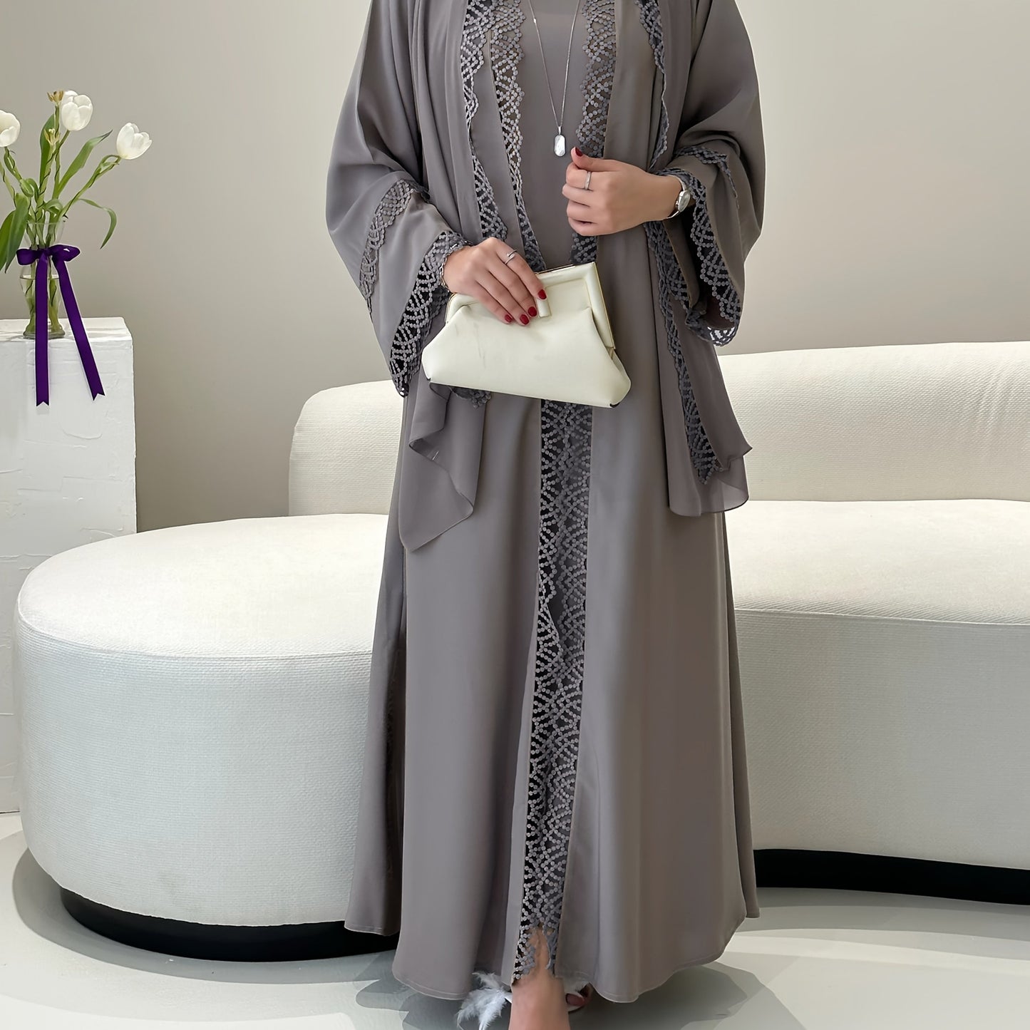 2pcs Set of Muslim Abaya with Lace Sleeveless Vest Skirt, Headscarf, and Headscarf, Ramadan Fashion