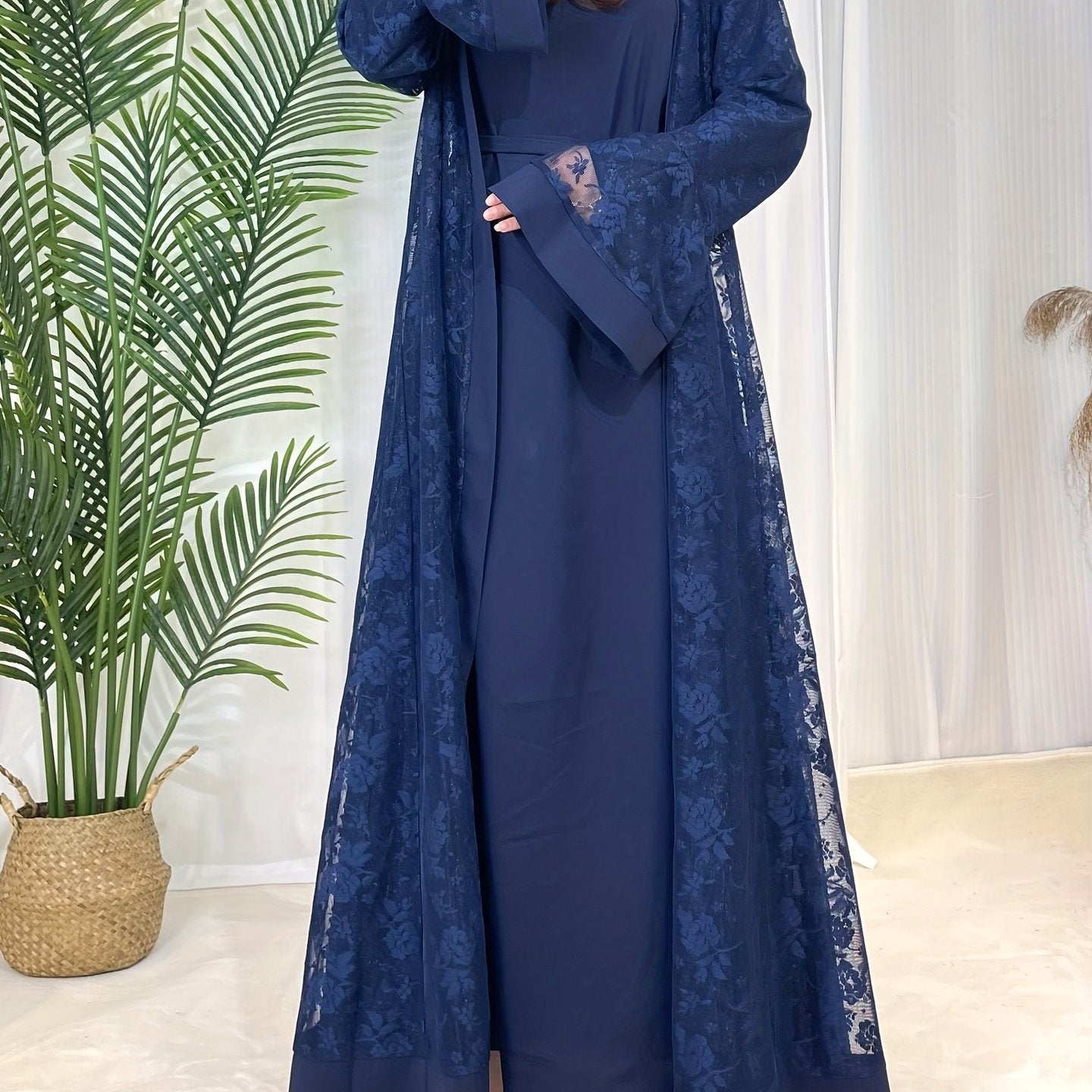 Elegant Black Lace Abaya with Contrast Lace Trim - Long Sleeve, Floor-Length, Belted, All-Season Wear, Traditional Middle Eastern Attire for Women, Cultural Attire|Elegant Abaya|Lace Trim Abaya