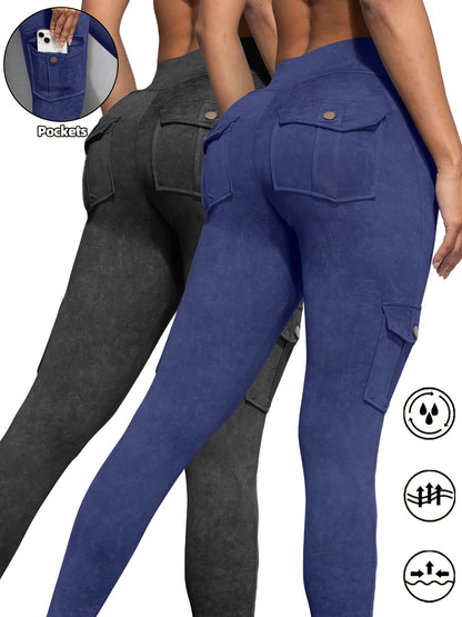 2pcs Women'S Cargo Leggings with Side Pockets - Olive Green & Black, Elastic Waistband, Mid-Rise, Stretchy Polyester Blend, Perfect for Outdoor & Casual Wear, Spring/Summer Collection, Versatile Clothing | Side Pocket Legging