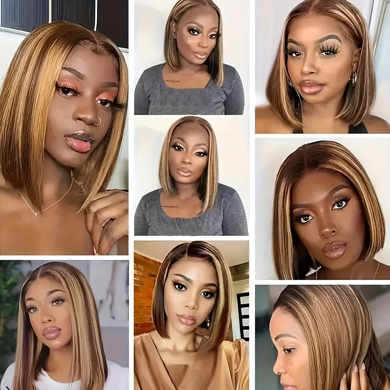 Easy-Wear Glueless Bone Straight Human Hair Wig with 13x4 HD Lace Closure - Pre-Plucked & Cut, Highlight Ombre Colors, 180% Density, Ready to Go for Women of All Ethnicities, Short Hair Wig