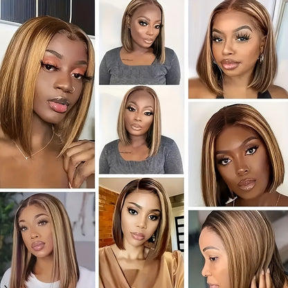 Easy-Wear Glueless Bone Straight Human Hair Wig with 13x4 HD Lace Closure - Pre-Plucked & Cut, Highlight Ombre Colors, 180% Density, Ready to Go for Women of All Ethnicities, Short Hair Wig