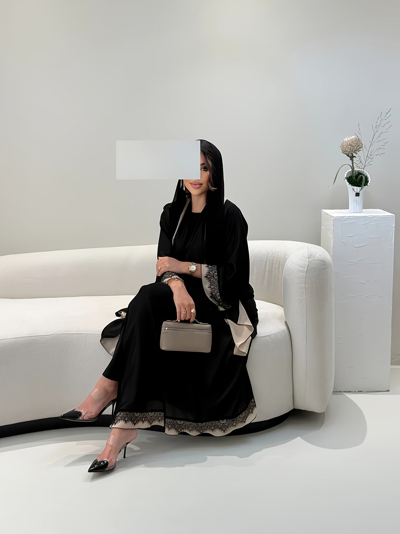 3pcs Middle Eastern Traditional Abaya & Hijab Set - Elegant Long Sleeve Muslim Prayer Robes with Lace Trim, All-Season Wear, Loose Flowing Hem, Solid Black & White