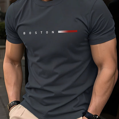 Men's 180gsm Heavyweight 100% Cotton T-Shirt with Boston Lettering Print - Casual Round Neck Short Sleeve, Regular Fit All-Season Comfort, White & Black Contrast Design for Everyday & Semi-Formal Wear - Boston-Themed Apparel
