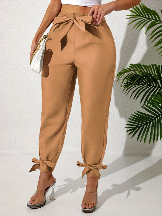 Plus Size Solid Straight Leg Pants, Elegant Bow Elastic Drawstring Waist Pants For Spring & Summer, Women's Plus Size Clothing