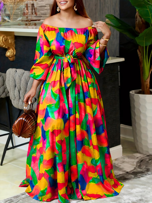 Long Sleeve Elegant Off-Shoulder Dress with Geometric Print, Polyester, Machine Washable, and Belt - Perfect for Spring/Fall