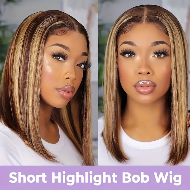 Easy-Wear Glueless Bone Straight Human Hair Wig with 13x4 HD Lace Closure - Pre-Plucked & Cut, Highlight Ombre Colors, 180% Density, Ready to Go for Women of All Ethnicities, Short Hair Wig