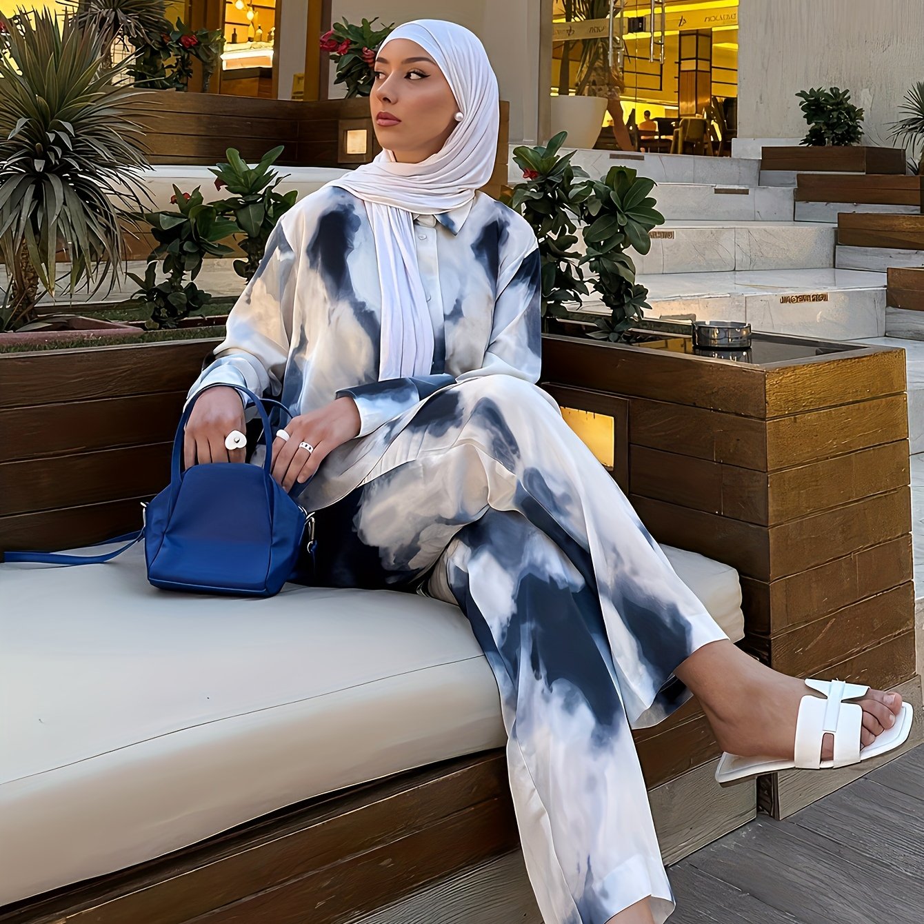 2pcs Women's Elegant Arabic-Inspired Abaya Set - Long Sleeve Shirt & Pants with White & Black Gradient Print, Structured Button-Up Outfit, Machine Washable All-Season Muslim Women's Clothing for Casual & Formal Events, Fancy