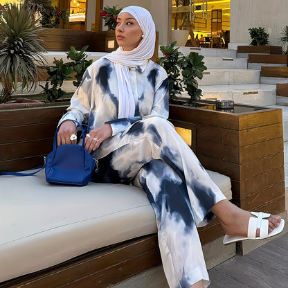 2pcs Women's Elegant Arabic-Inspired Abaya Set - Long Sleeve Shirt & Pants with White & Black Gradient Print, Structured Button-Up Outfit, Machine Washable All-Season Muslim Women's Clothing for Casual & Formal Events, Fancy