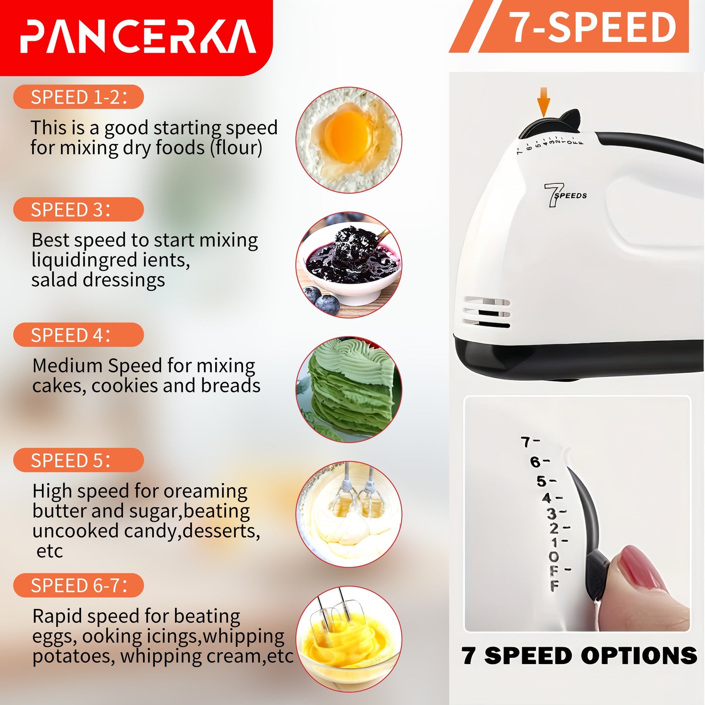 PANCERKA 7-Speed Electric Handheld Mixer with Beaters & Dough Hooks - Lightweight Ergonomic Design, Powerful Motor for Baking, Whisking, Beating Eggs - EU Plug (220V), Egg Whisking, Ergonomic Mixer, Durable Construction
