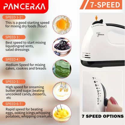 PANCERKA 7-Speed Electric Handheld Mixer with Beaters & Dough Hooks - Lightweight Ergonomic Design, Powerful Motor for Baking, Whisking, Beating Eggs - EU Plug (220V), Egg Whisking, Ergonomic Mixer, Durable Construction
