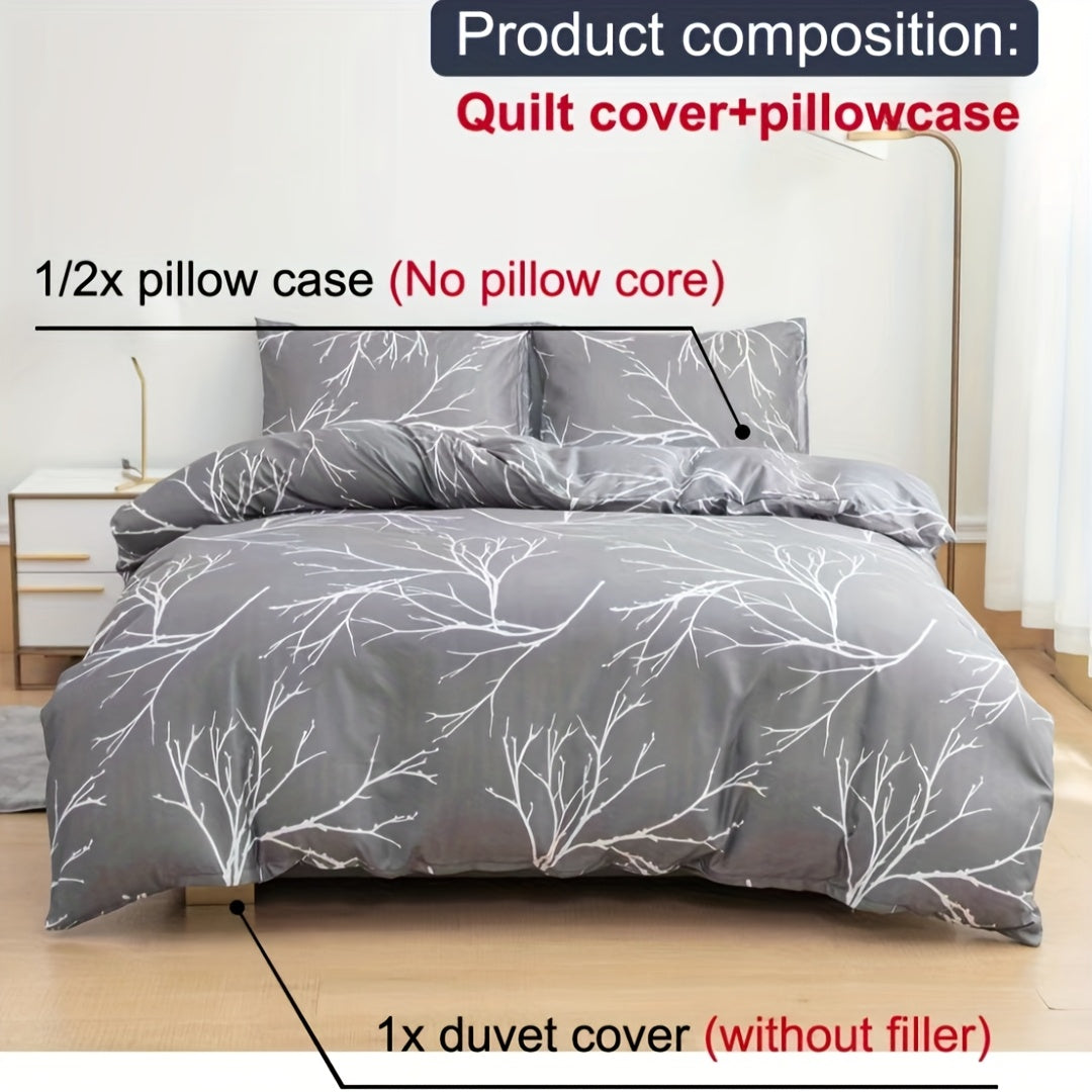 100% Polyester Printed Duvet Cover Set + Pillowcase 3pcs Set Lien White Branch Leaf Floral Print, 2*Pillowcases, 1*Duvet Cover, Unfilled, Grey Bedding, Ultra Soft Breathable Comfortable Polyester Material, Suitable for All Se