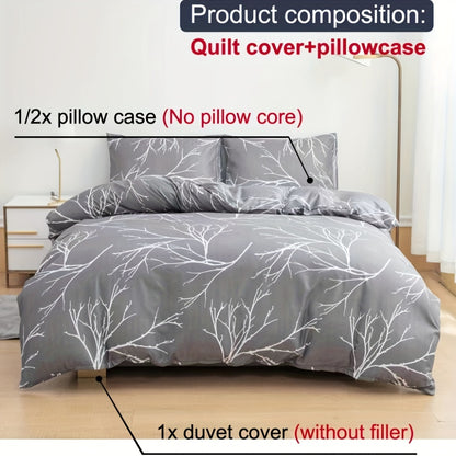 100% Polyester Printed Duvet Cover Set + Pillowcase 3pcs Set Lien White Branch Leaf Floral Print, 2*Pillowcases, 1*Duvet Cover, Unfilled, Grey Bedding, Ultra Soft Breathable Comfortable Polyester Material, Suitable for All Se