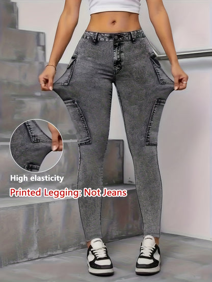 【imitation denim】[imitation Faux Denim][Faux Denim Print/Imitation Faux Denim] Women'S Non-Cow Faux Denim-Like Leggings - Stretchy Skinny Pants with Elastic Waistband, All-Season Tight Fit for Casual, Formal, Everyday Out
