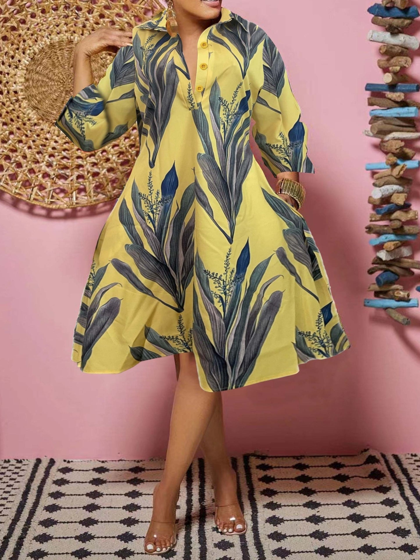 Leaf Print Half Button Dress, Casual 3/4 Sleeve Trapeze Dress For Spring & Fall, Women's Clothing