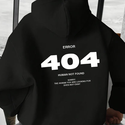Men's Casual Hooded Sweatshirt with Bold 404 Graphic Print & Humorous Text, Loose Fit Streetwear Pullover, Black/White Lettering, Front Pockets, Non-Stretch Fabric, Sweater Hoodie, Relaxed Clothing, Trendy Design, Functional