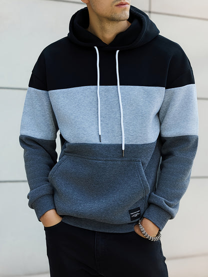 Men's Casual Color Block Hoodie - Soft Polyester, Long Sleeve with Kangaroo Pocket, Drawstring Hood, Ideal for Fall/Winter Streetwear, Casual Streetwear|Hooded Sweatshirt|Polyester Hoodie, Sweater Hoodie