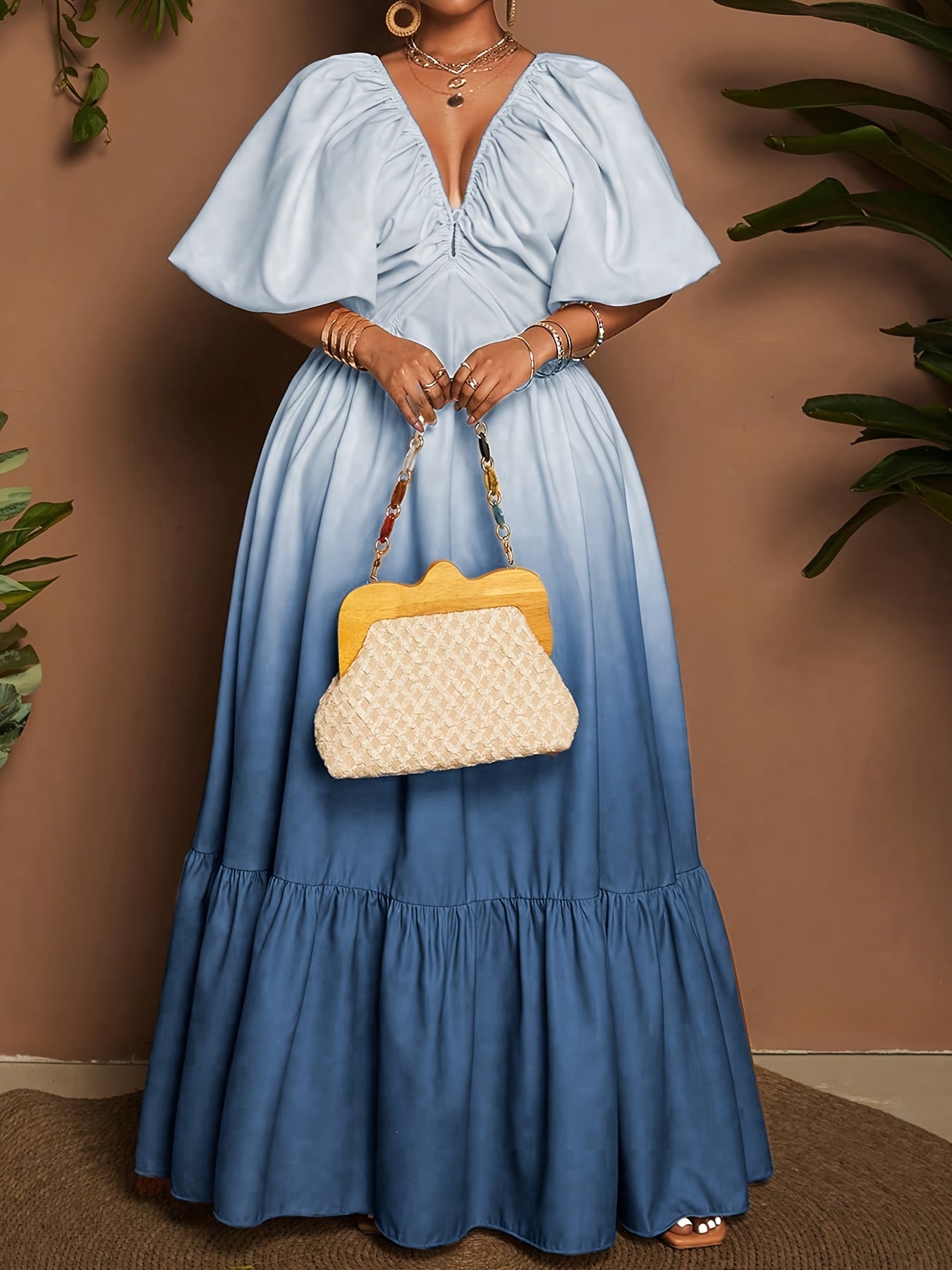 [Elegant Maxi Dress] Elegant Gradient Maxi Dress | Women's Deep V-Neck Lantern Sleeve A-Line Loose Fit with Zipper Back, Machine Washable for Vacation, Beach, Formal & Casual Occasions