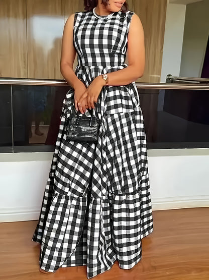 2025 New Summer Elegant Plaid Dress, Sleeveless Round Neck High Waist Multi-Layer Skirt, and Graceful, Casual Summer Wear for Vacation and Dates