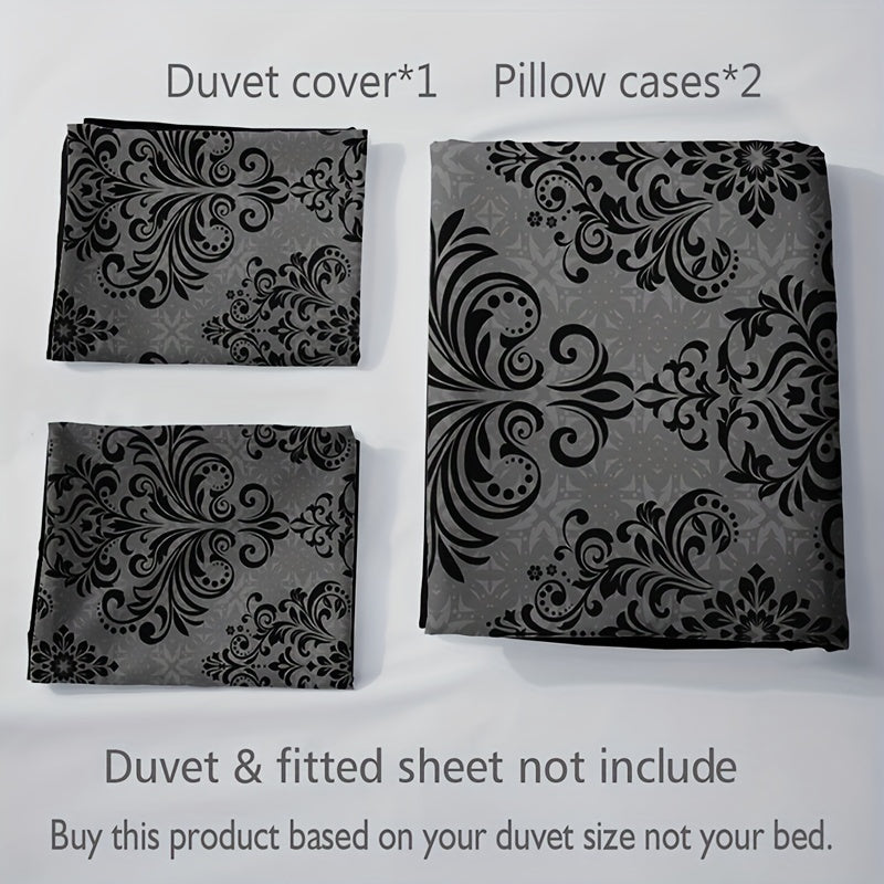 3pcs Black and Gray Floral Pattern Duvet Cover Set - 1 Duvet Cover + 2 Pillowcases, High-Definition Print, Polyester, All-Season Comfort, Machine Washable, Ideal for Home and Dorm Use, Dorm Room Essentials|Floral Pattern Bedd