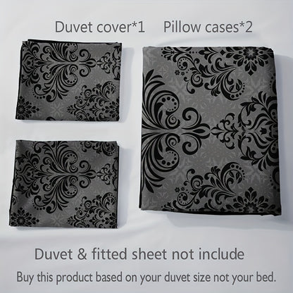 3pcs Black and Gray Floral Pattern Duvet Cover Set - 1 Duvet Cover + 2 Pillowcases, High-Definition Print, Polyester, All-Season Comfort, Machine Washable, Ideal for Home and Dorm Use, Dorm Room Essentials|Floral Pattern Bedd