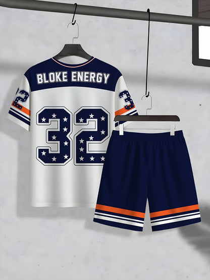 2pcs Set Men's Oversized Number 32 Jersey-like Matching Tunic & Athletic Shorts - Breathable White & Navy Blue with Orange Stripe Design, Number 32 Print, Drawstring Waist Casual & Sports Wear - Gym,, Birthday Party Outfit -