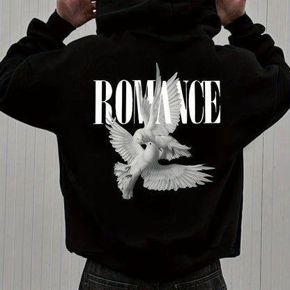 Men'S Casual Hooded Sweatshirt with "ROMANCE" Graphic Print - Loose Fit, Long Sleeve, Front Pocket, Perfect for Fall/Winter, Casual Wear Hoodie, |relaxed Fit Hoodie|front Pocket Hoodie, Sweater Hoodie