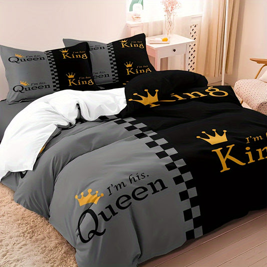 King & Queen Crown 3pcs Duvet Cover Set - Soft Breathable Polyester, All-Season Comfort with Zipper Closure - Includes 1 Duvet Cover & 2 Pillowcases, Machine Washable, Digital Print Bedding Set