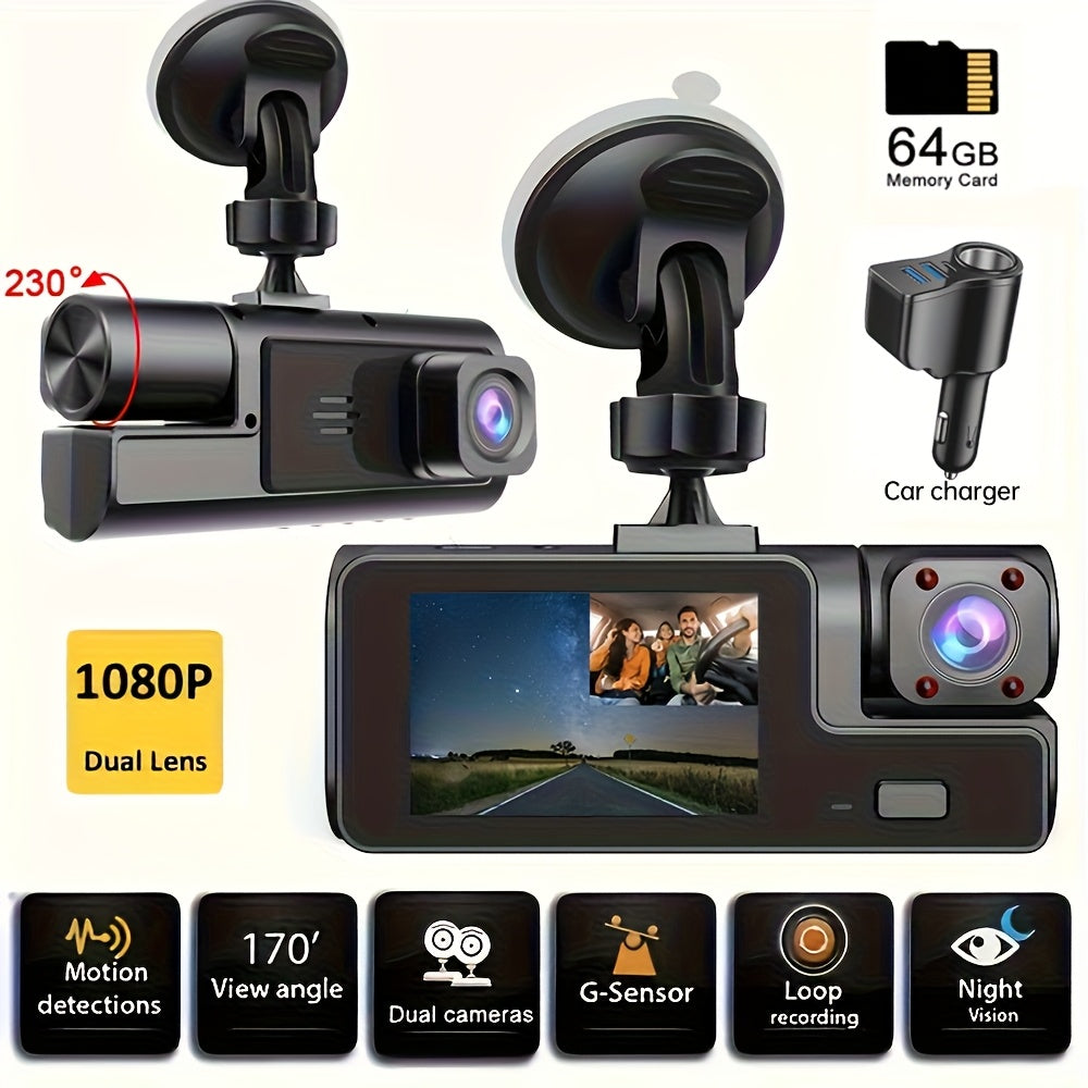 A Car Dash Cam with Memory Card Included, Optional Without Memory Card, 1080P Front Camera, 720P Rear Camera, Infrared Night Vision, Loop Recording