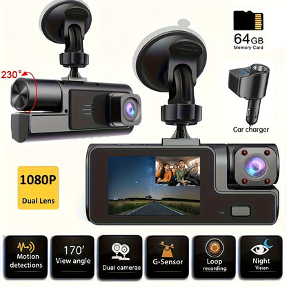 A Car Dash Cam with Memory Card Included, Optional Without Memory Card, 1080P Front Camera, 720P Rear Camera, Infrared Night Vision, Loop Recording