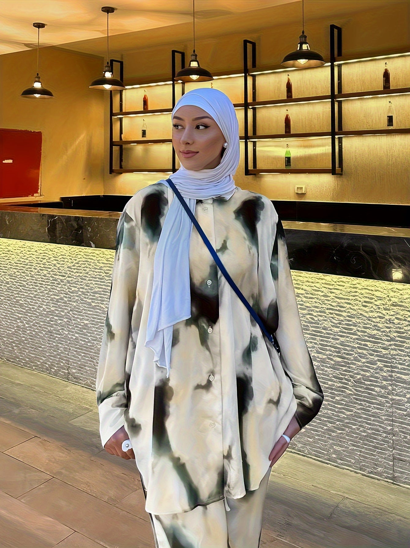 2pcs Women's Elegant Arabic-Inspired Abaya Set - Long Sleeve Shirt & Pants with White & Black Gradient Print, Structured Button-Up Outfit, Machine Washable All-Season Muslim Women's Clothing for Casual & Formal Events, Fancy