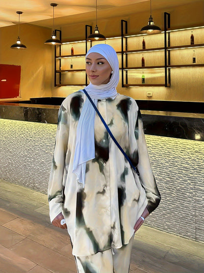 2pcs Women's Elegant Arabic-Inspired Abaya Set - Long Sleeve Shirt & Pants with White & Black Gradient Print, Structured Button-Up Outfit, Machine Washable All-Season Muslim Women's Clothing for Casual & Formal Events, Fancy