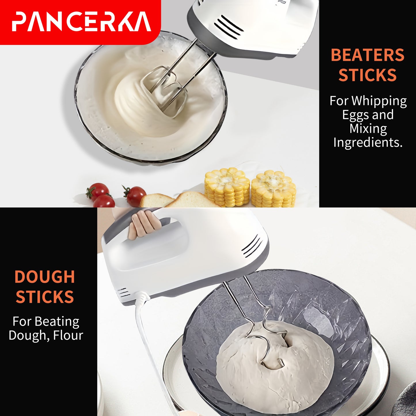 PANCERKA 7-Speed Electric Handheld Mixer with Beaters & Dough Hooks - Lightweight Ergonomic Design, Powerful Motor for Baking, Whisking, Beating Eggs - EU Plug (220V), Egg Whisking, Ergonomic Mixer, Durable Construction