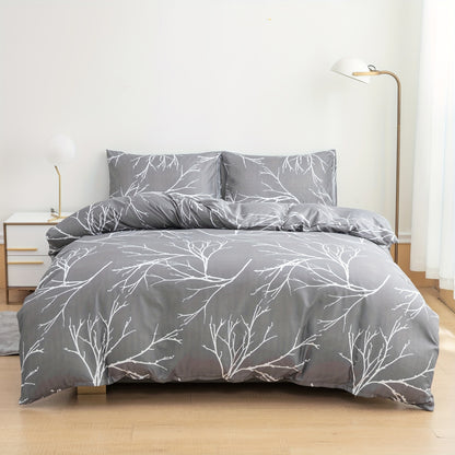 100% Polyester Printed Duvet Cover Set + Pillowcase 3pcs Set Lien White Branch Leaf Floral Print, 2*Pillowcases, 1*Duvet Cover, Unfilled, Grey Bedding, Ultra Soft Breathable Comfortable Polyester Material, Suitable for All Se