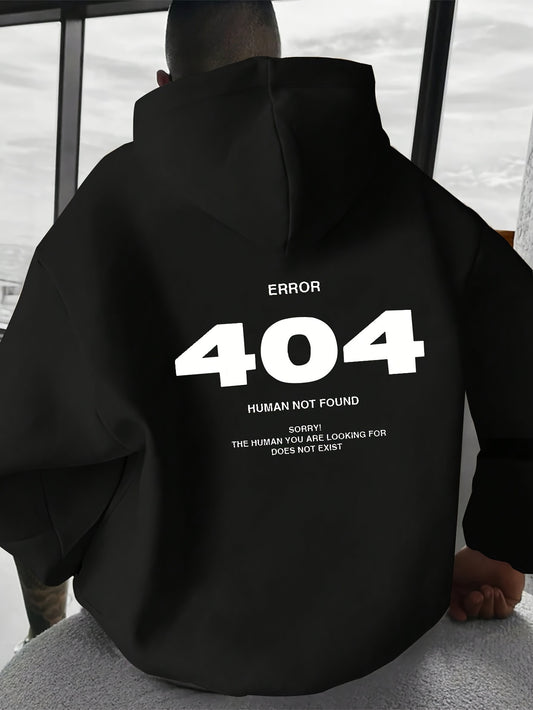Men's Casual Hooded Sweatshirt with Bold 404 Graphic Print & Humorous Text, Loose Fit Streetwear Pullover, Black/White Lettering, Front Pockets, Non-Stretch Fabric, Sweater Hoodie, Relaxed Clothing, Trendy Design, Functional