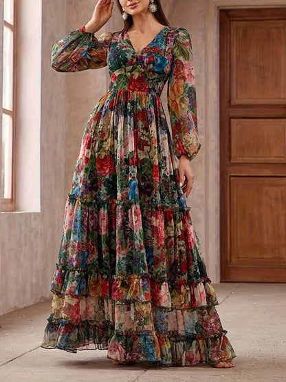Women's Elegant Maxi Floral Print Chiffon Dress, V-Neck & Puff Sleeves, A-Line Long Formal/semi-formal gown, Pastel Pink, Blue, Green, Red, Purple, Orange, Yellow, White, Machine Washable, Spring/Summer/Fall Events, Parties,