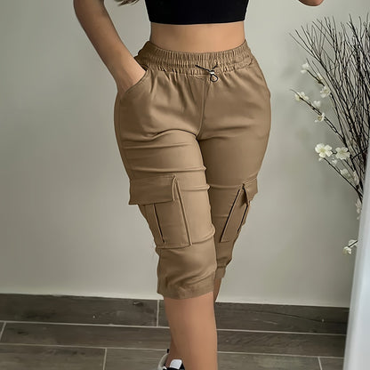 Women's Plus Size Cargo Capri Pants with Elastic Waistband & Side Pockets - Lightweight Polyester, Casual Spring/Summer Outdoor Wear, Beige, Capri Leggings