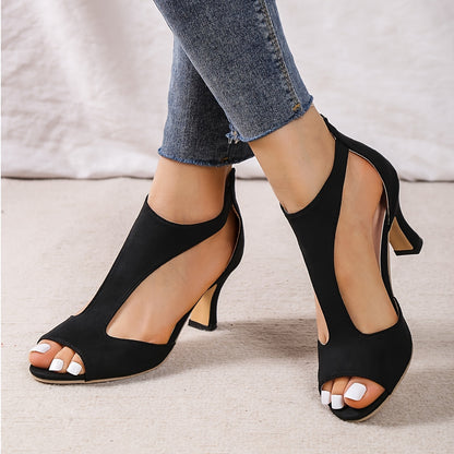 Chic Womens Peep Toe High Heel Sandals - Stylish T-strap, Comfortable Chunky Heel, Zipper Closure - Timeless Black for Versatile Wear