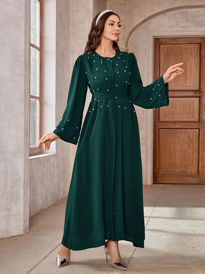 Elegant Navy Blue Abaya with Pearl Embellishments and Belt - Long Sleeve, Floor-Length Dress for Women, Perfect for Formal Occasions, Formal Attire|Elegant Abaya|Pearl Embellishments