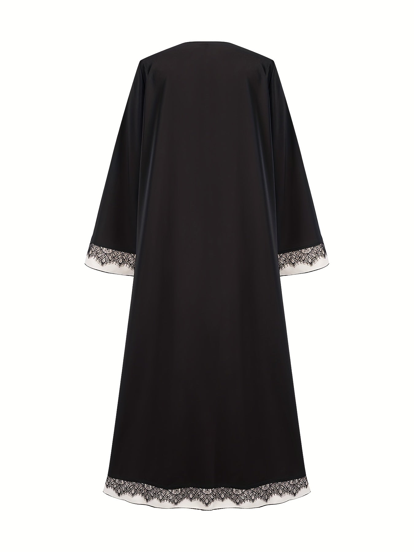 3pcs Middle Eastern Traditional Abaya & Hijab Set - Elegant Long Sleeve Muslim Prayer Robes with Lace Trim, All-Season Wear, Loose Flowing Hem, Solid Black & White