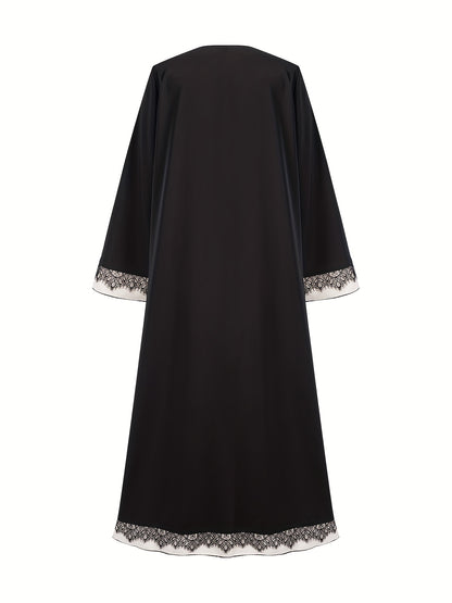 3pcs Middle Eastern Traditional Abaya & Hijab Set - Elegant Long Sleeve Muslim Prayer Robes with Lace Trim, All-Season Wear, Loose Flowing Hem, Solid Black & White