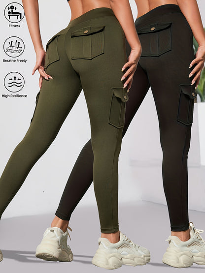 2pcs Women'S Cargo Leggings with Side Pockets - Olive Green & Black, Elastic Waistband, Mid-Rise, Stretchy Polyester Blend, Perfect for Outdoor & Casual Wear, Spring/Summer Collection, Versatile Clothing | Side Pocket Legging
