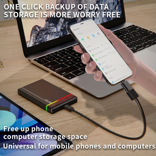 USB 3.2 External Hard Drive with a Type-C Interface, Suitable for Mobile Office Data Backup And Transfer. It Features a Colorful Indicator Light And Offers a Large Capacity of 500GB, with Support for Devices Like Computers, P