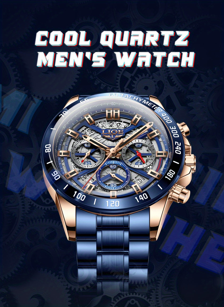 LIGE Watch For Men Top Brand Luxury Men Watch Fashion Business Sports Quartz Chronograph Wristwatches Hollowed Out Chronograph Watch