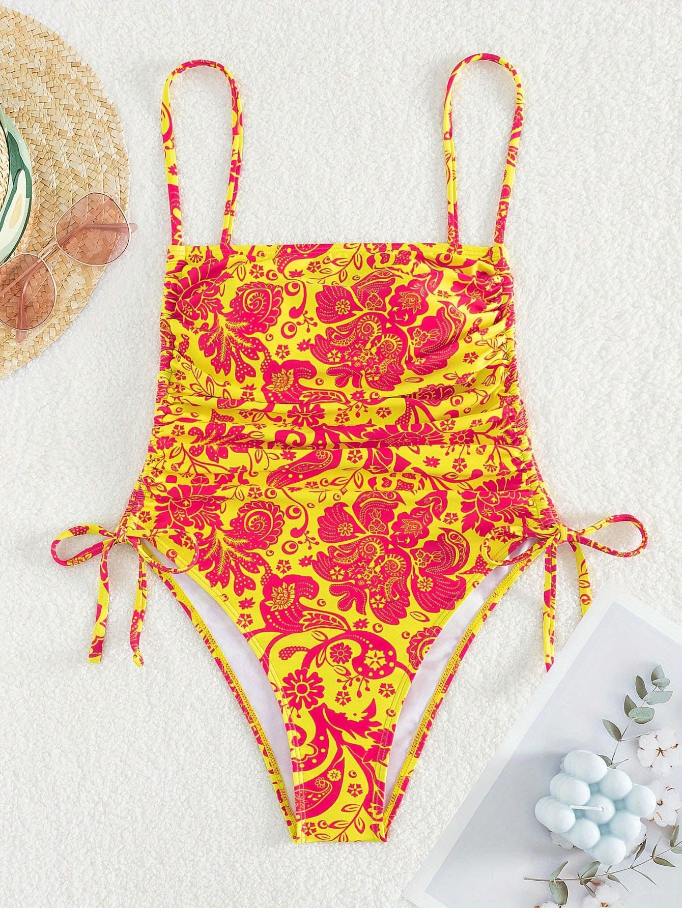 1pc Women'S Floral Print One-Piece Swimsuit with Drawstring Side - Vibrant Yellow & Pink Floral Design, High-Stretch Fabric, Perfect for Beach & Poolside, Beach Swimwear | Floral Swimwear | Highelasticity Fabric